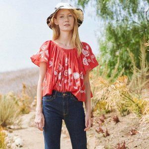 THE GREAT. Dale Top Cherry Red, Floral Embroidery